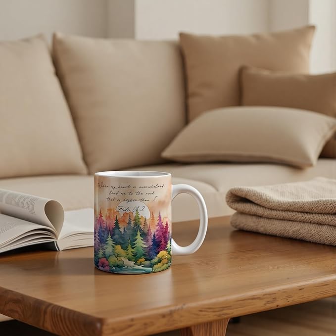 Inspirational Christian Mug 11 oz, When My Heart Is Overwhelmed Psalm 61:2 Bible Verse Coffee Cups Ceramic, Watercolor Forest Religious Ceramic Mug for Coffee Tea Hot Cocoa Home Office Work