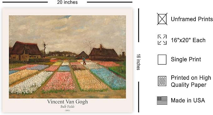 Monem Art Vintage Van Gogh Poster - Retro Bulb Fields Print - Flower Beds in Holland Art - Impressionism Art - Fine Art - Classic Painting Art - Great Bedroom Wall Decor - 16x20 UNFRAMED Wall Art