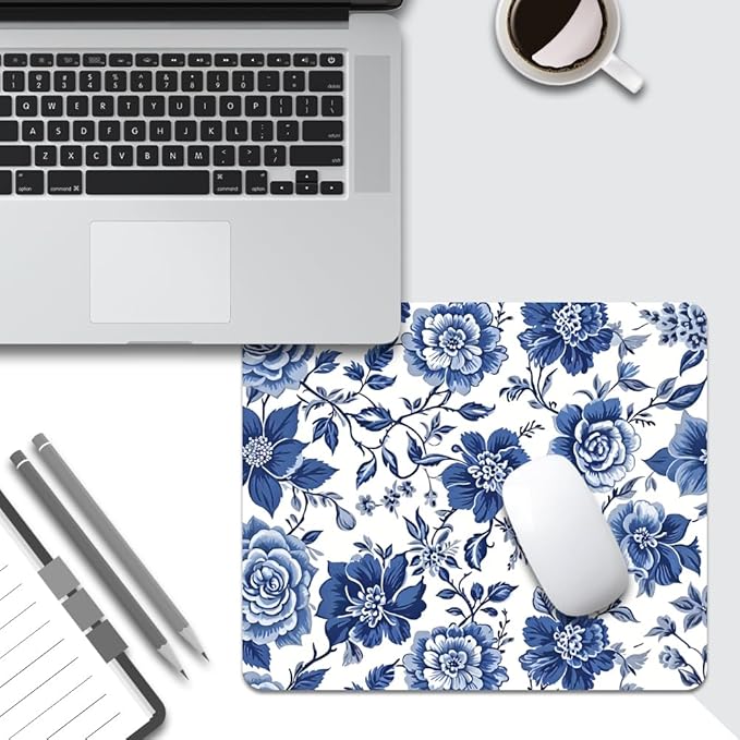 Blue & White Rose Floral Texture Mouse pad, Square Waterproof and Anti Slip Mouse pad for Office laptops
