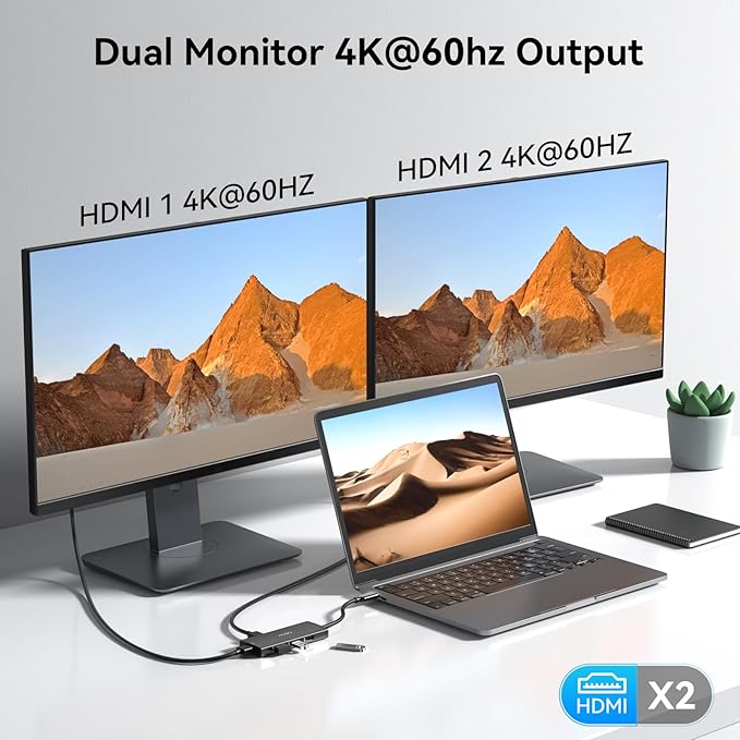 HODO Docking Station USB C to Dual HDMI Adapter, USB-C Hub with 2 Monitors for Laptop, Dongle Adapter with Dual HDMI 4K@60 Hz, 3 USB Port,PD Compatible for Dell XPS 13/15, etc (Black)