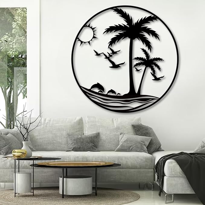 Palm Tree Metal Wall Decor,Palm Tree Outdoor Wall Art,Tropical Palm Tree Wall Decorations for Living Room,Outdoor Wall Decorations for House (19"x19"/47x47 cm, Black)