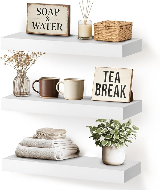 Floating Wall Shelf 16x6.8x1.7 Inch – Solid Wood Shelf in White Finish – Wall Mounted Rustic Display Organizer for Bathroom, Kitchen, Bedroom, Small Spaces – Set of 3