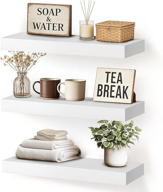Floating Wall Shelf 16x6.8x1.7 Inch – Solid Wood Shelf in White Finish – Wall Mounted Rustic Display Organizer for Bathroom, Kitchen, Bedroom, Small Spaces – Set of 3