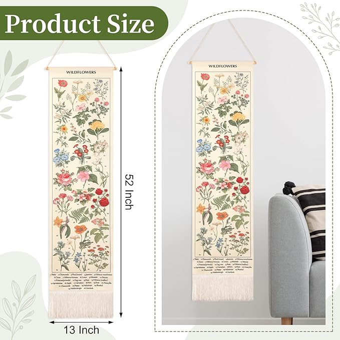 Geetery Vintage Floral Vertical Tapestry Wall Hanging Long Narrow Wall Fabric Flower Hanging Reference Illustrative Botanical Tassel Tapestry for Home Decor Gift(White)