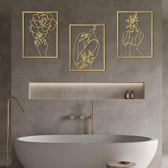 GOKURVG Abstract Metal Wall Art, 3D Hollow-out Wall Décor, 16.5x12.5in Set of 3 Wall Art for Bedroom Living Room Office Unique Minimalist Hanging Sculpture Glod