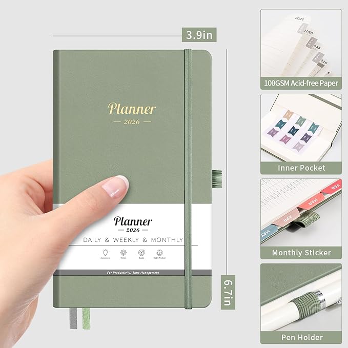 AHGXG Small Pocket Planner 2026-2027, Weekly and Monthly Calendar Planner, 15 Months, JAN 2026 - MAR 2027, Mini Size, Hardcover, Inside Pocket, For Women Men School Home Office Supplies, 3.9''X 6.7'' - Sage Green