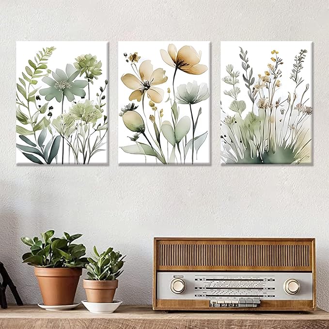 Framed Sage Green Botanical Wall Art Set of 3 Boho Floral Canvas Wall Decor Paintings Minimalist Flower Posters Prints Pictures for Bedroom Bathroom Living Room12x16 Inch