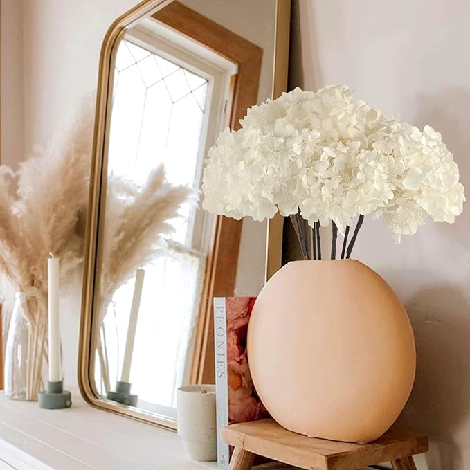 5 PCS Dried Preserved White Hydrangea Flowers - Length 14'' Corolla Size 3''-4'' Real Hydrangeas Petals Handmade for Vase, Arrangement Boho Style Home House Office Wedding Shower Valentine's Decor