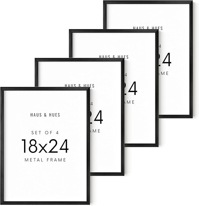 HAUS AND HUES 18x24 Black Metal Picture Frames - Features Premium Aluminum, Vertical & Horizontal Hang, Shatterproof Plexiglass - Ideal for Home, Room, Office (18x24 in, Black, Set of 4)