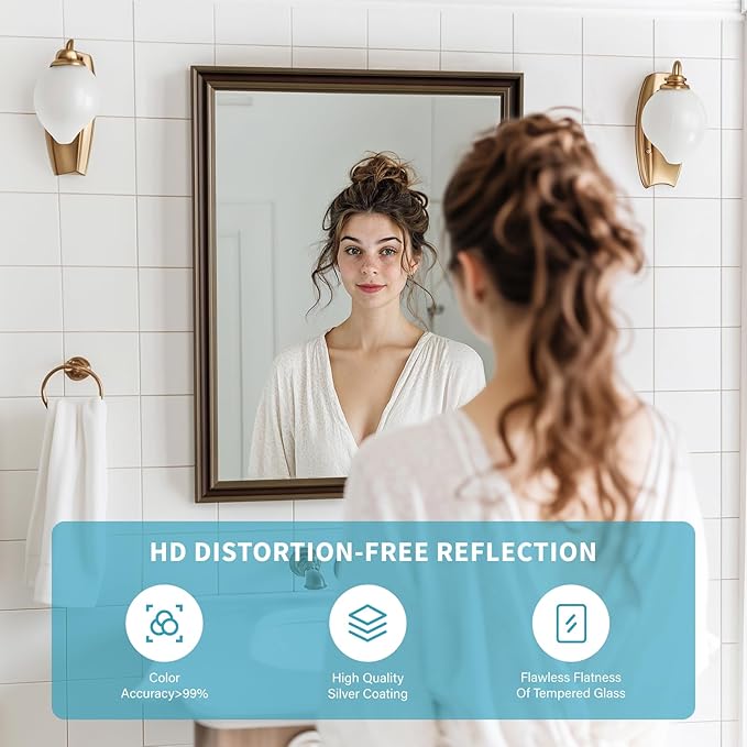Retro Copper Effect Framed Wall Mirror, 32x40 Rectangle Mirror, Anti-desilvering Tempered Glass, Sustainable&Sturdy Frame, Anti-Rust, HD Reflection &3min Fast Setup for Bathroom Living Room