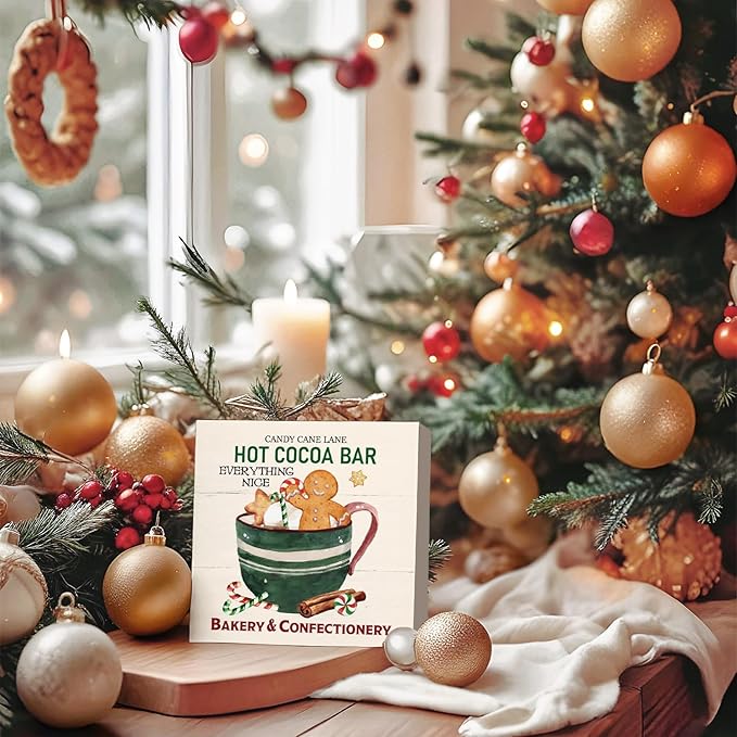 Christmas Gingerbread Decorations Wooden Box, Mini Coco Wood Sign, Hot Cocoa Bar Sign, Gingerbread Christmas Decor for Kitchen Home Table Desk, 5x5