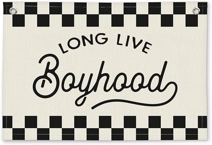 Long Live Boyhood Black and White Checkered Boys Room Decor - Linen Banner Wall Hanging Canvas Banner Flag Decor for Toddler Boy Bedroom Nursery Playroom