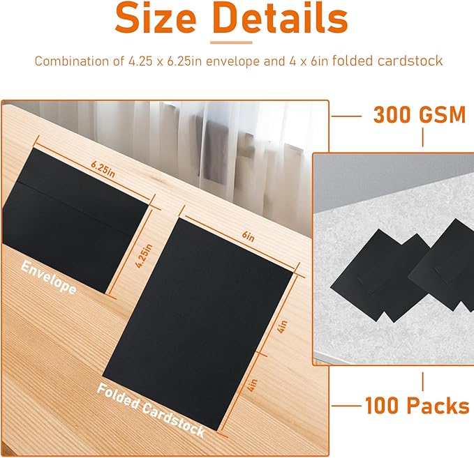 100 packs Black Note Cards and Envelopes 4 x 6 Blank 300GSM Heavy Folded Cardstock and Printable A4 Envelopes Self Seal for DIY Wedding Invitations, Greeting Cards, Baby Shower, Mailing