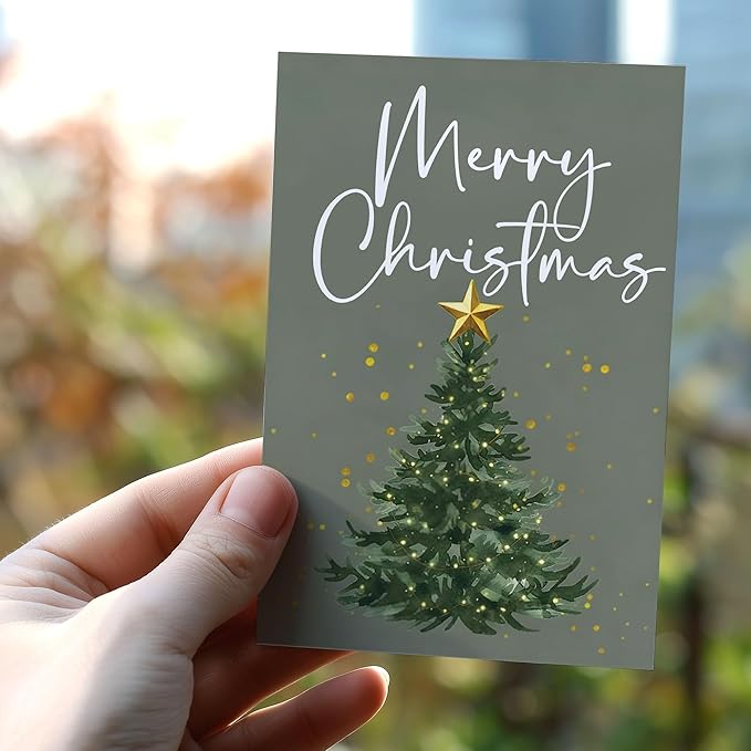 (5.3x8in) Merry Christmas Card with Envelope, Elegant Minimalist Holiday Tree Design with Golden Star, Simple Classic Christmas Greeting Card for Family, Friends, and Coworkers (Xmas 26)