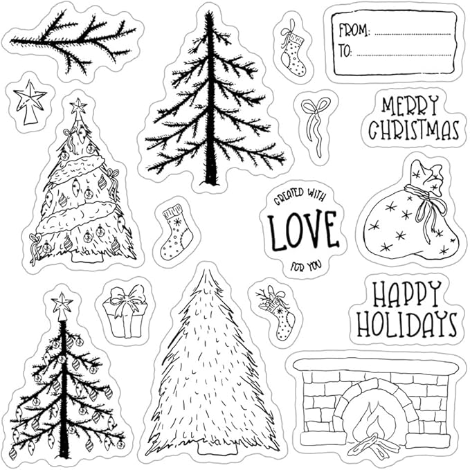 Christmas Tree Fireplace Stamps and Cutting Dies for Card Making DIY Transparent Silicone Clear Stamp and Metal Die Cuts Sets for Scrapbooking Paper Greeting Cards Decor Seals Craft Supplies