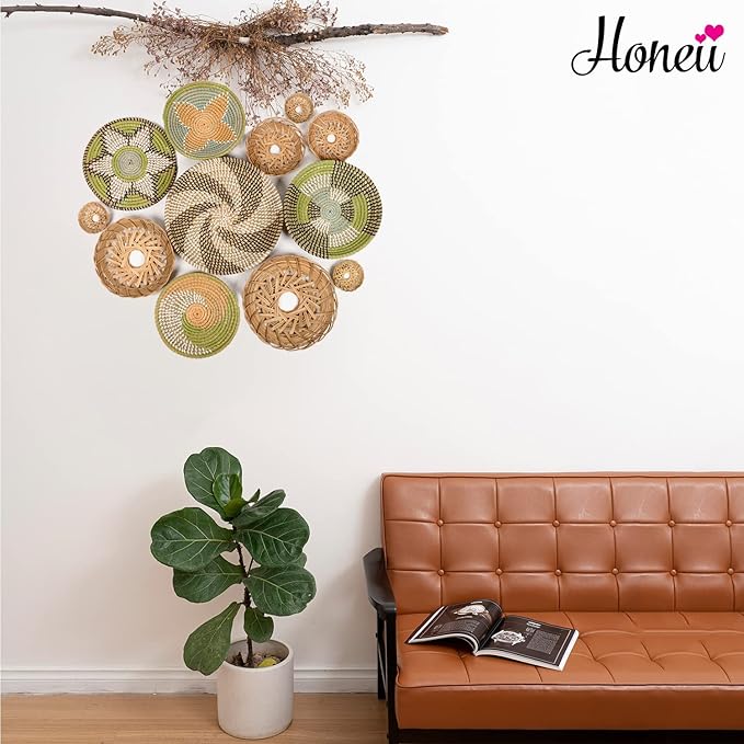Boho Wall Baskets for Decor, Wicker Hanging Basket, Boho Wall Art, Woven Hanging Basket, Rattan Decor, Bohemian Decorative for Living Room Or Bedroom, Round Bamboo and Seagrass Plates 12 Pcs