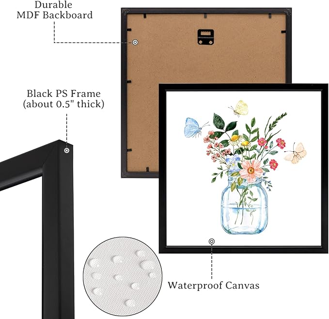 LyerArtork 3 Piece Flowers Wall Art Canvas Prints Butterfly Wildflowers in the Vase Floral Botanical Watercolour Painting Rustic Wall Decor for Living Room Bedroom Black Framed 12x12inchx3