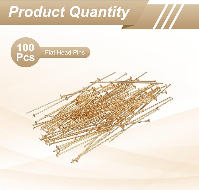 HARFINGTON 100pcs Flat Head Pins 1.38" 35mm Needles Bulk for Earring Pendant Necklace Bracelet Charm Jewelry Making Findings DIY Craft, Champagne Gold