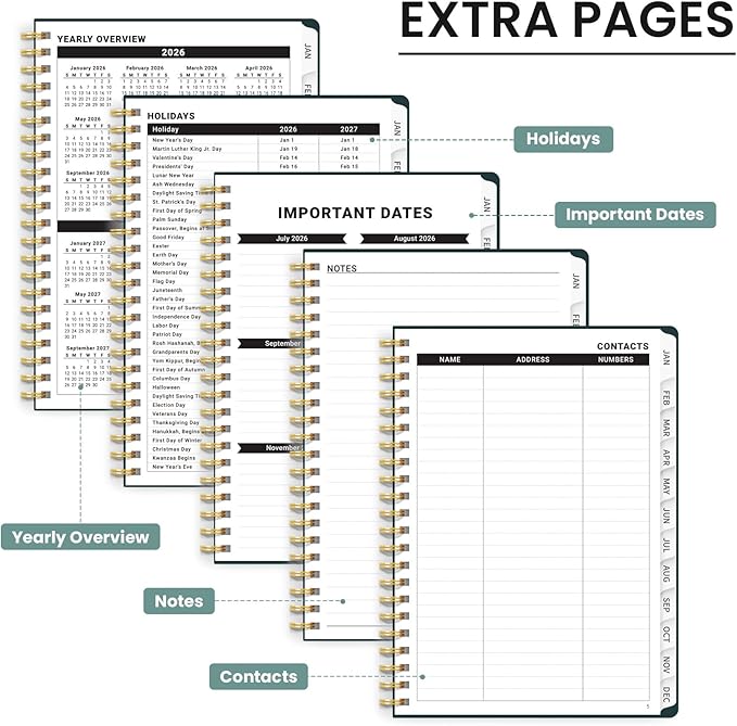 2026 Planner, Monthly and Weekly Calendar Planner for Women, Jan 2026 - Dec 2026, Hardcover Pretty 2026 Agenda Planner Book with Tabs, Spiral Bound, Perfect for School Office Home Supplies, 6.3" x 8.5" - Classic Floral