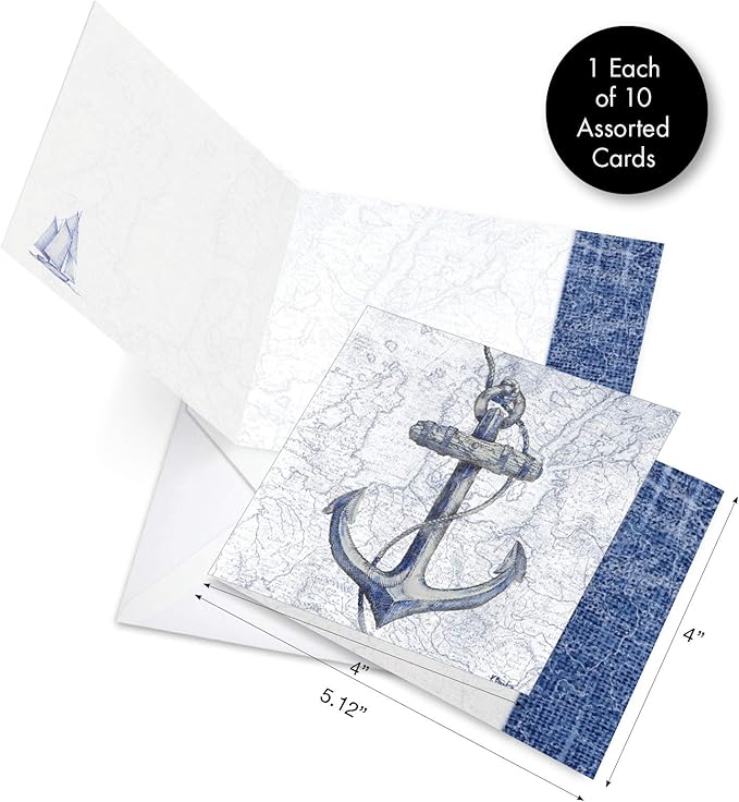 The Best Card Company - 10 All Occasion Blank Cards (4 x 5.12 Inch) - Nautical, Ocean, Sea Life Assortment of Notecards - Nautical World AMQ6671OCB-B1x10