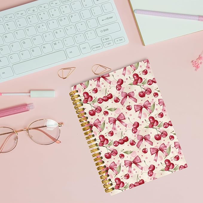 Coquette Pink Bow Cherry Spiral Notebook for Women Girls, Vintage Journaling Notebooks, Cute Pink Notebook Journal, Pink Office Supplies, Hardcover Spiral Lined Notebook 5.5 x 8.3
