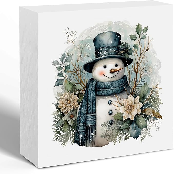 Floral Christmas Snowman Wooden Box Sign, Blue Snowman Christmas Decorations, Vintage Xmas Winter Holiday Wood Signs for Home Office Desk Shelf Table Decor, 5x5 Inch Decorative Signage