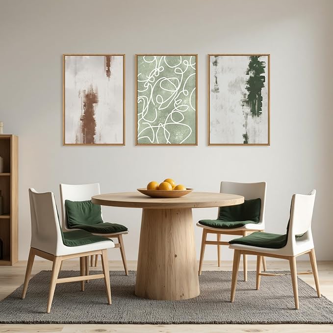 Large Abstract Green and Brown Framed Canvas Wall Art,Neutral Brush Stroke Wall Decor,Modern Watercolor Line Artwork,Minimalist Geometric Art Print for Living Room,Bedroom,Office- 16"x24"x3