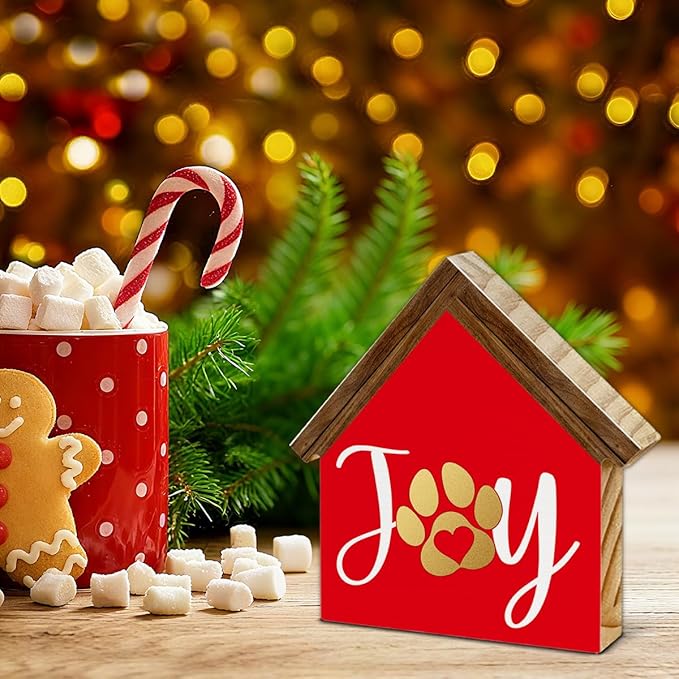 Joy Christmas Sign Decorations, Dog Paws House Shaped Wooden Sign, Rustic Christmas Decor for Farmhouse Home Office