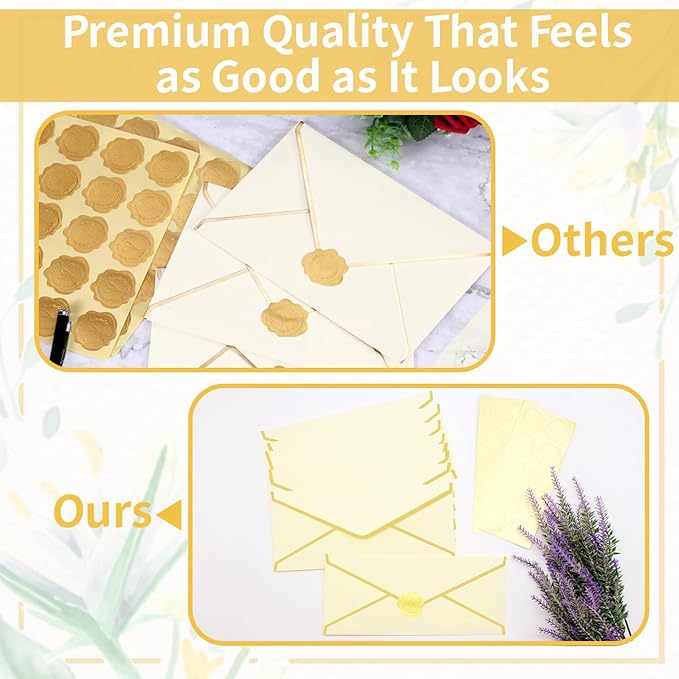 30 Pack Stationery Paper Set with Gold Border Including #10 Business Envelopes and 8.5x11 Paper Sheets 30 Gold Stickers for Love Letters and Party Invitations (Cream Color)