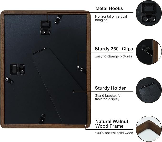 6x8 Picture Frame Natural Walnut Wood with Mat for 5x7, Original Natural Solid Wood 6 by 8 Photo Frames with Tempered Glass Cover for Wall and Tabletop Display