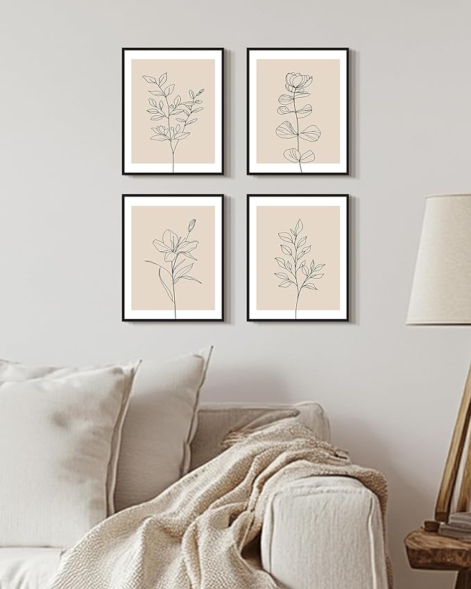 Drsoum Botanical Boho Framed Wall Art Wooded Minimalist Aesthetic Flower Prints Farmhouse Retro Plants Rustic Bathroom Kitchen Home Decor Ready to Hang 8x10inx4pcs (Black Framed)