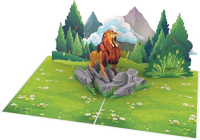 iGifts And Cards Roar-some 3D Pop-Up Lion Card – Majestic Safari Jungle Scene | Fierce Fun Wildlife Greeting for Birthdays Graduations Thank You Encouragement Animal Lovers 6x8 with Notecard