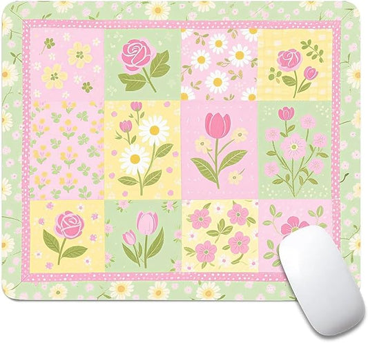 Square Mouse Pad Patchwork Flowers, Personalized Premium-Textured Custom Mouse Mat Design, Washable Mousepad Cloth, Non-Slip Rubber Base Computer Mouse Pads for Wireless Mouse