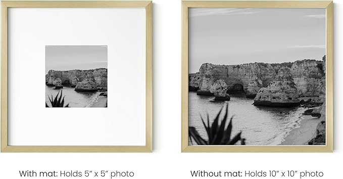 HAUS AND HUES 10x10 Gold Metal Picture Frames Matted to 5x5 - Premium Aluminum with Hanging Hardware, Shatterproof Plexiglass - Ideal for Home or Office (10x10 in, Gold, Set of 25)
