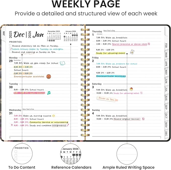 2026 Planner, Weekly and Monthly Calendar Planner for Women, Jan 2026 - Dec 2026, Hardcover Planning Agenda book with Tabs, Spiral Bound, Inner Pocket, Perfect for School Office Supplies, 6.3" x 8.5" - Midnight Bloom