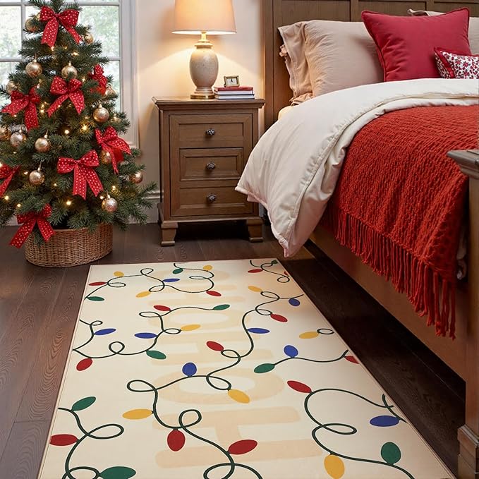 jinchan Jingle Lights Christmas Rug 3x5 for Entryway Kitchen Beige Holiday Rug for Bedroom Colored String Lights Printed Xmas Decor for Living Room Bathroom Washable Non Slip Decorative Floor Carpet