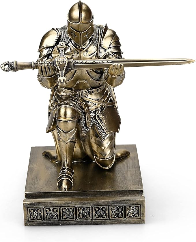 King's Guard Leader Cloak Warrior Knight Pen Holder Mobile Phone Stand, Ornament Knight Statue, Pen Stand Paperweight for Office and Home (Bronze)