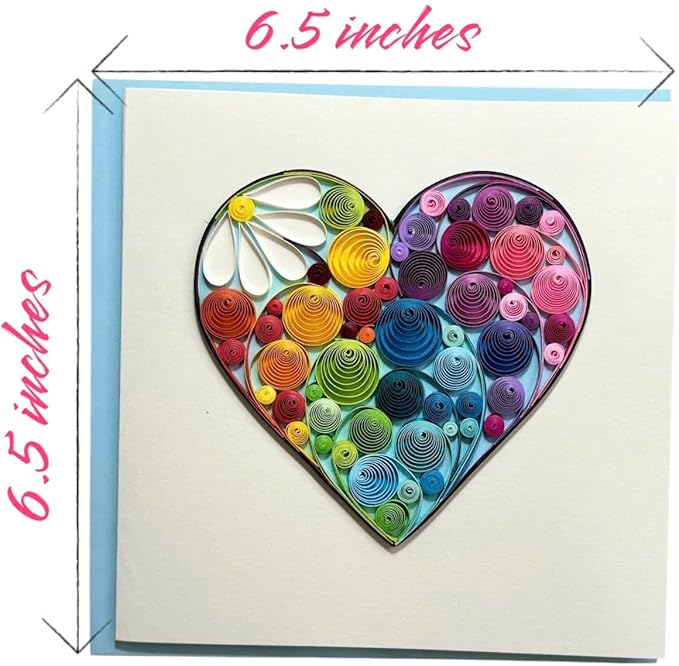 Handcrafted 3D Quilling Colorful Heart Greeting Card for Love, Valentine's Day, Mother's Day, Father's Day or Anniversaries, Blank Inside, Ready to Gift, Includes Envelope