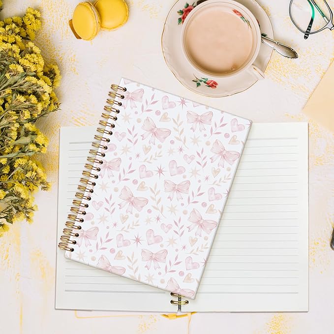 MOFUYU Cute Notebooks for School,Pink Bow Aesthetic Hardcover Spiral Notebook for Work & Note Taking,College Notebook,Cute Journals for Women A5 Size 5.5x8.3