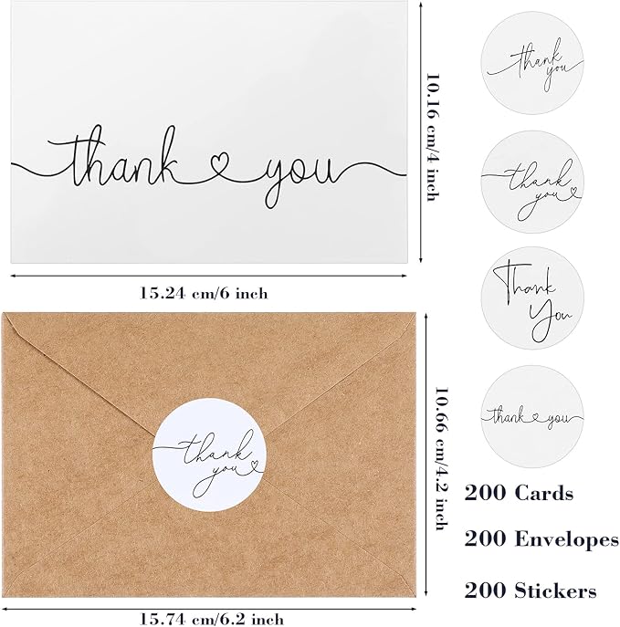 Teling 200 Set Thank You Cards with Envelopes Bulk, 6 x 4 Inch Blank Thank U Greeting Notes with Brown Kraft Envelopes Stickers Thankyou Card Set for Graduation Wedding Birthday Baby Shower(White)