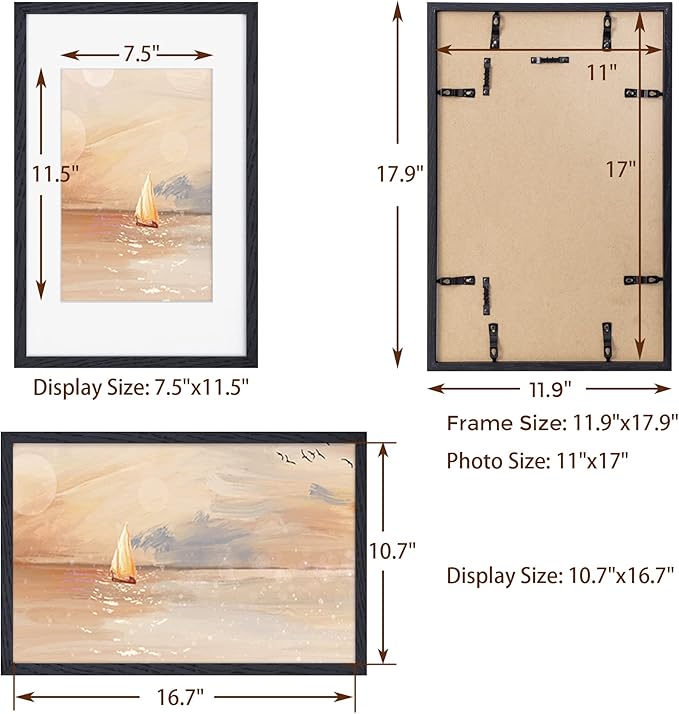 Fun Memories 11x17 Oak Wood Picture Frame in Black, 11"x17" Poster Frame for Wall, Wood Photo Frame 11 x 17 with Tempered Real Glass, 11x17 Frame Matted to 8x12 - Black Color, 1 Pack