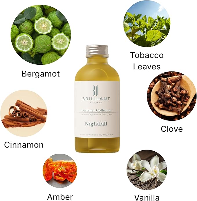 Brilliant Scents Nightfall Fragrance Oil 200ml - Premium Diffuser Oil for Home, Office, Hotels - Long Lasting, Plant-Based, Meets IFRA Standards, USA-Made - Tobacco, Clove, Vanilla