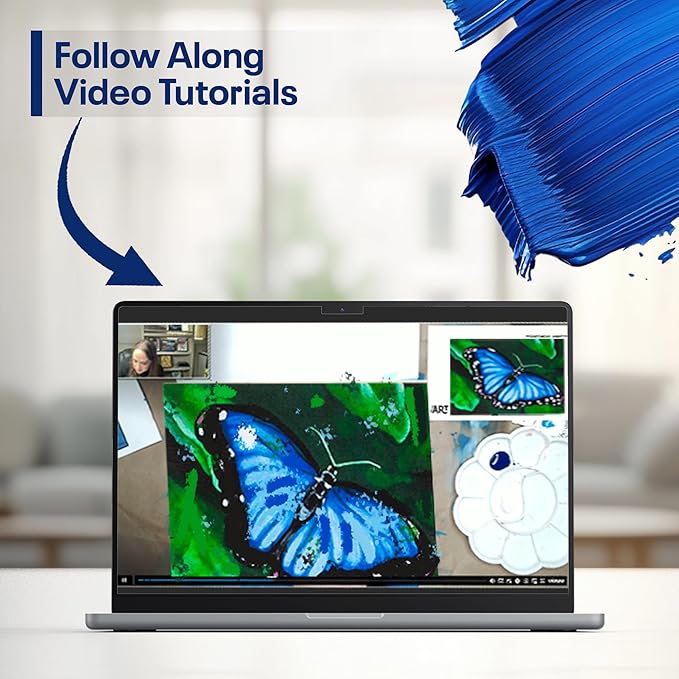 DIY Art Painting Kit for Adults – Learn to Paint Blue Butterfly with Video Tutorials – 9 Pieces Acrylic Paint Set for Kids – Perfect Christmas Gifts for Grandkids, Beginners & Art Lovers