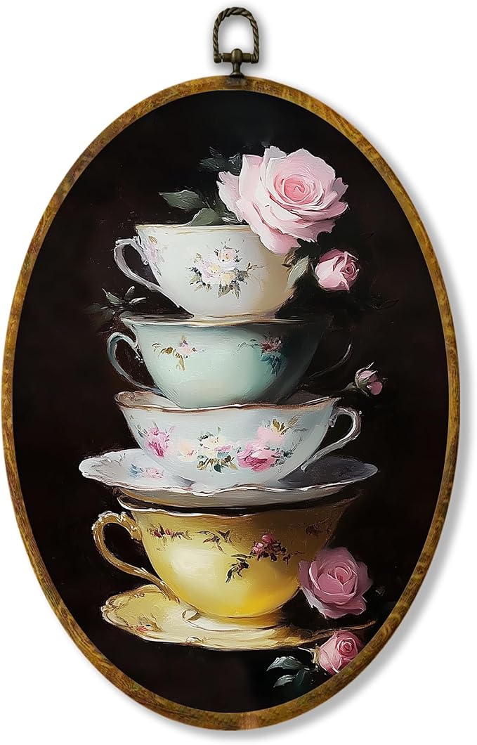 Hiuwevt Tea Cup Oval Wall Art Decor, Vintage Pink Floral Tea Cup Framed Canvas Prints, Classic Shabby Chic Round Wall Hanging Decor for Bedroom Home Decorations, 8.6x11.4 Inches