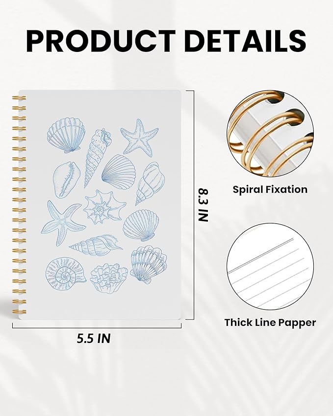 Blue Beach Notebook, Coastal Ocean Journal, Beachy Seashell Starfish Conch Journal for Writing, Beach Lover Gifts for Women, Marine Biology Spiral Notebook, 5.5x8.3 Inch 556