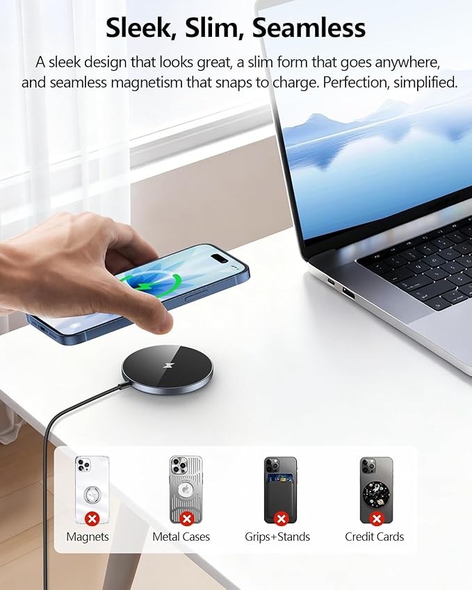 NANAMI Magnetic Wireless Charger Pad with 20W PD Adapter,for MagSafe iPhone 17/16/15/14/13/12 Series & AirPods 3/2/Pro 2,Non-Slip Base & Strong Magnetic Alignment for Desk and Office Use(Black)
