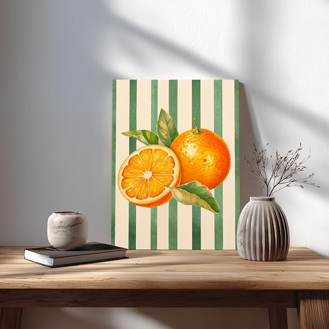 Orange Citrus Watercolor Wall Art – Fresh Fruit Botanical Print – Modern Kitchen Decor with Green Stripes – Summer Fruit Illustration Canvas Poster 12x16inch-Unframed