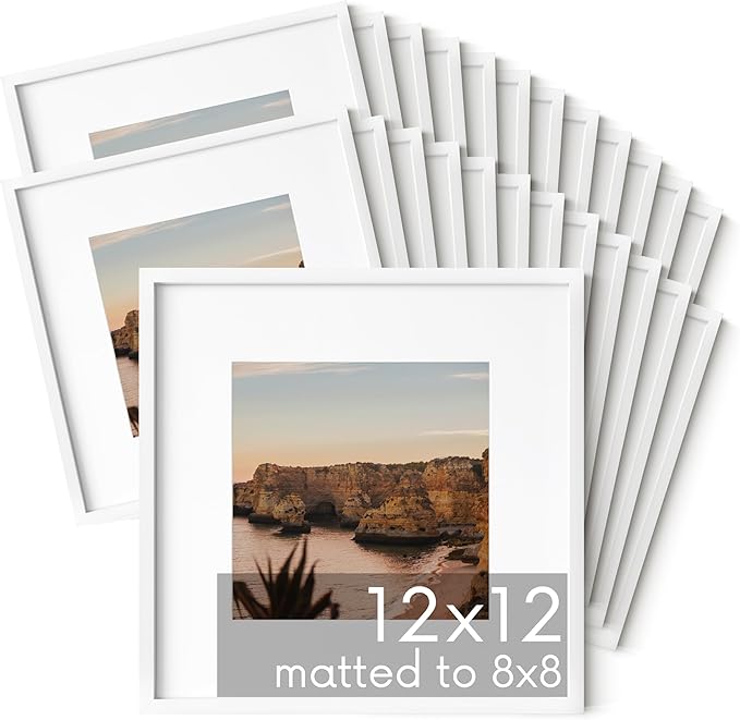 HAUS AND HUES 12x12 White Metal Picture Frames Matted to 8x8- Features Premium Aluminum & Hanging Hardware, Shatterproof Plexiglass - Ideal for Home, Room, Office (12x12 in, White, Set of 25)