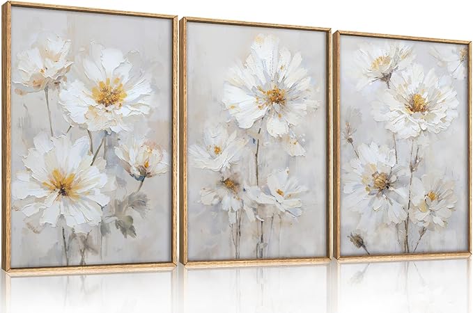 Watercolor White Daisy Flower Framed Canvas Wall Art Set,Natural Beige Botanical Floral Wall Decor,Minimalist Modern Dreamy Wildflower Art Prints for Living Room, Bedroom,Farmhouse- 24"x36"x3