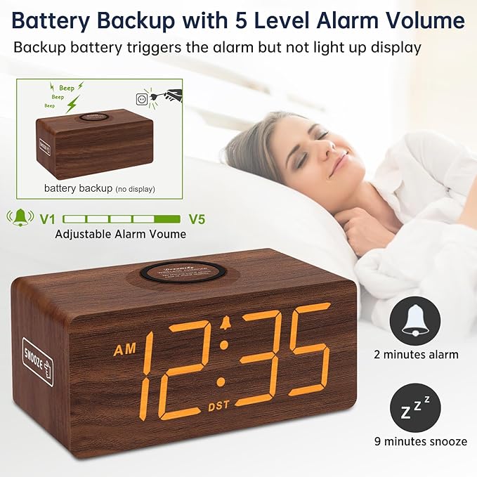 DreamSky Wooden Digital Alarm Clock with Wireless Charging for Bedroom, Bedside Nightstand Clock with Charger Station, USB Port, Large Numbers, Adjustable Volume, Brightness Dimmer, DST